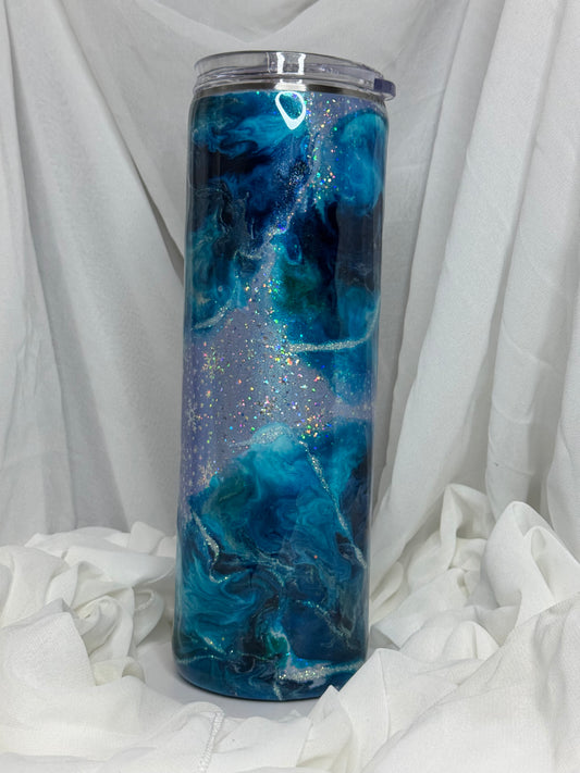 08. 30oz Straight Skinny Winter Blue Ink Swirl drinking tumbler