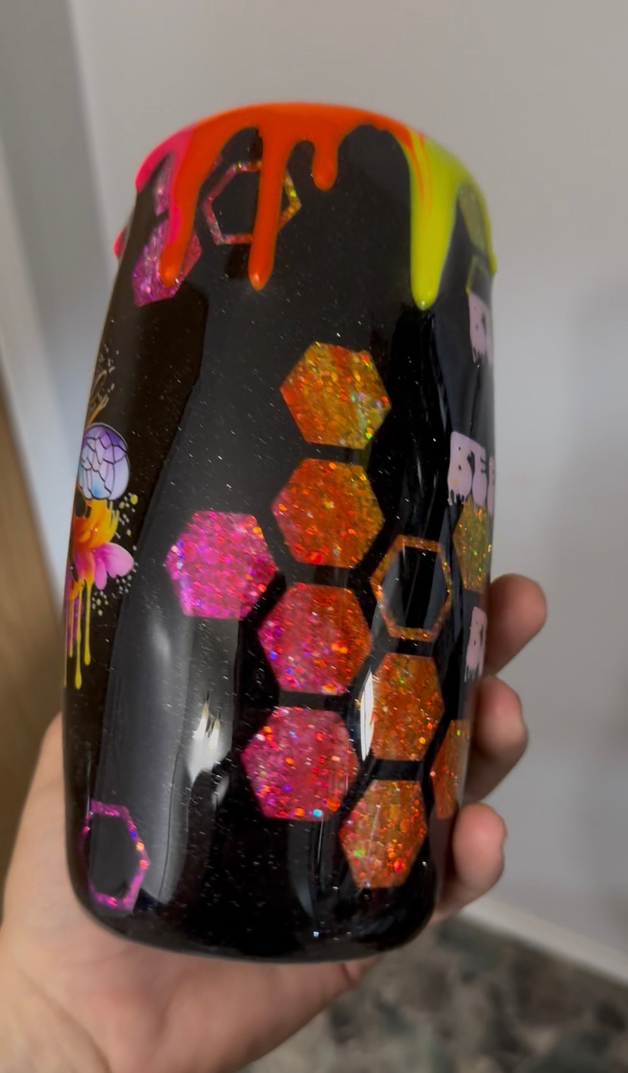 Neon Bee Peekaboo with drip 25oz Barrel Tumbler