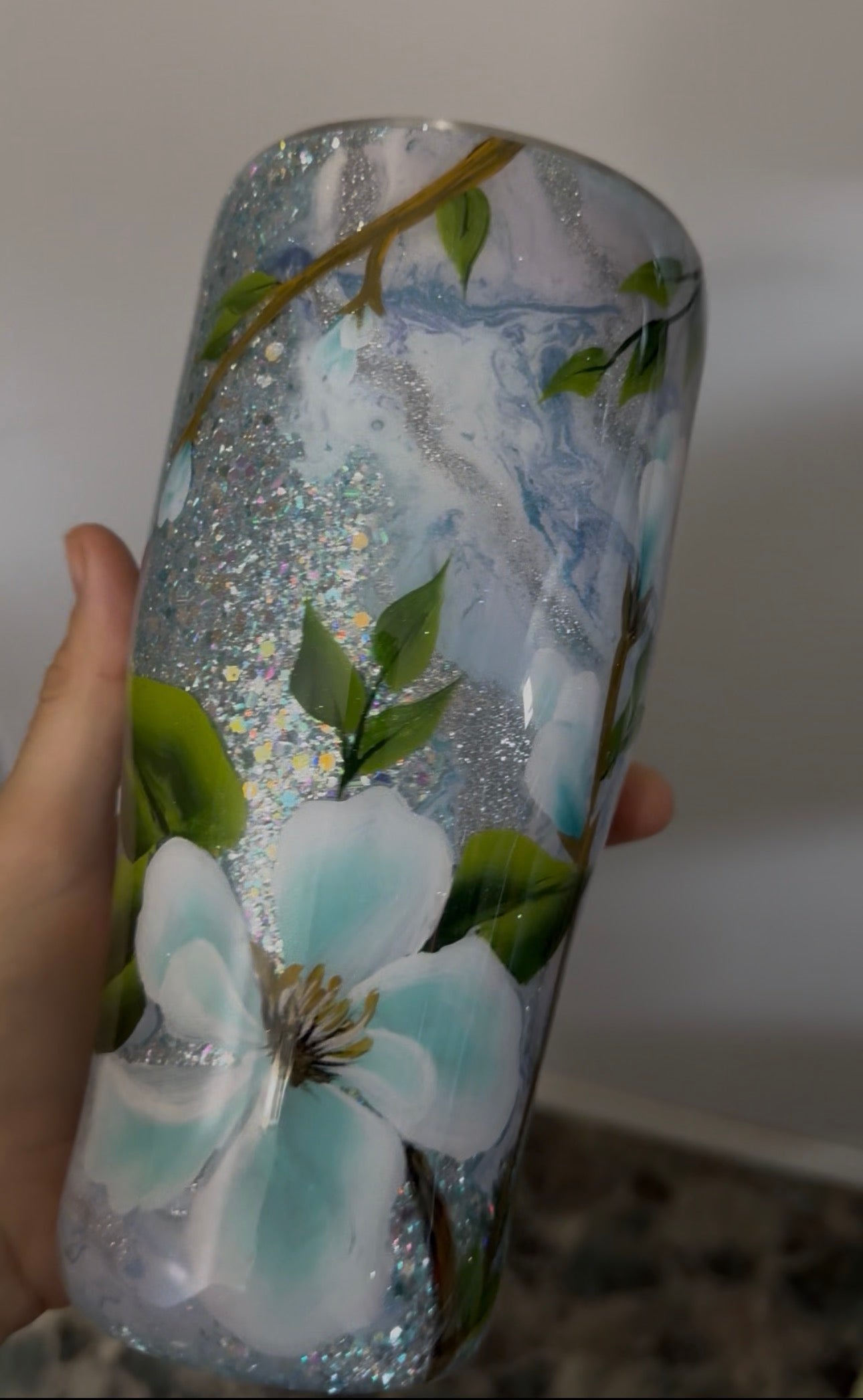 Blue and White Dainty Floral over glitter base 32oz Coffee Caddy