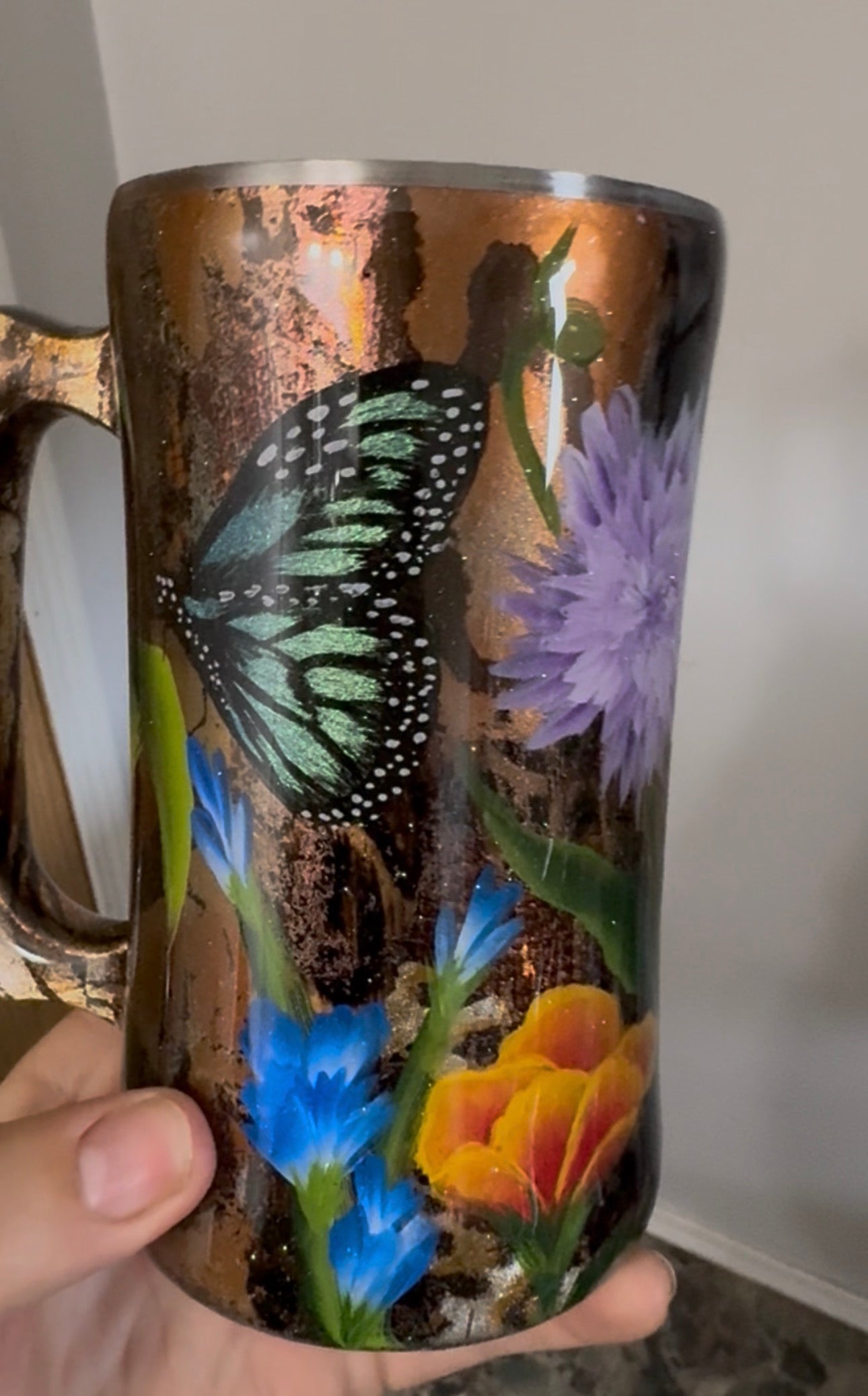 Hand painted Florals and butterfly 20oz Beer Mug