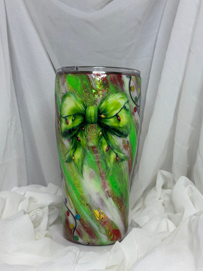 15. 30oz Modern Curve Green Fuzzy bow drinking tumbler