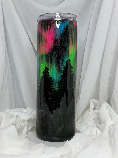 26. 30oz Straight Skinny Neon Northern Lights drinking tumbler
