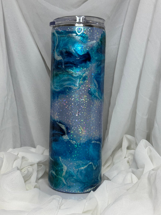 08. 30oz Straight Skinny Winter Blue Ink Swirl drinking tumbler