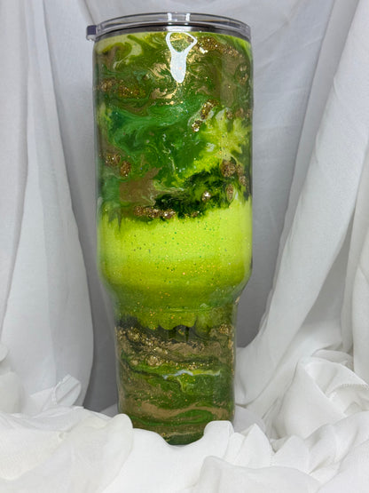 33. 40oz Traveller Green Ink Swirl over Dry ink drop drinking tumbler