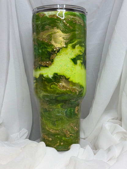 33. 40oz Traveller Green Ink Swirl over Dry ink drop drinking tumbler